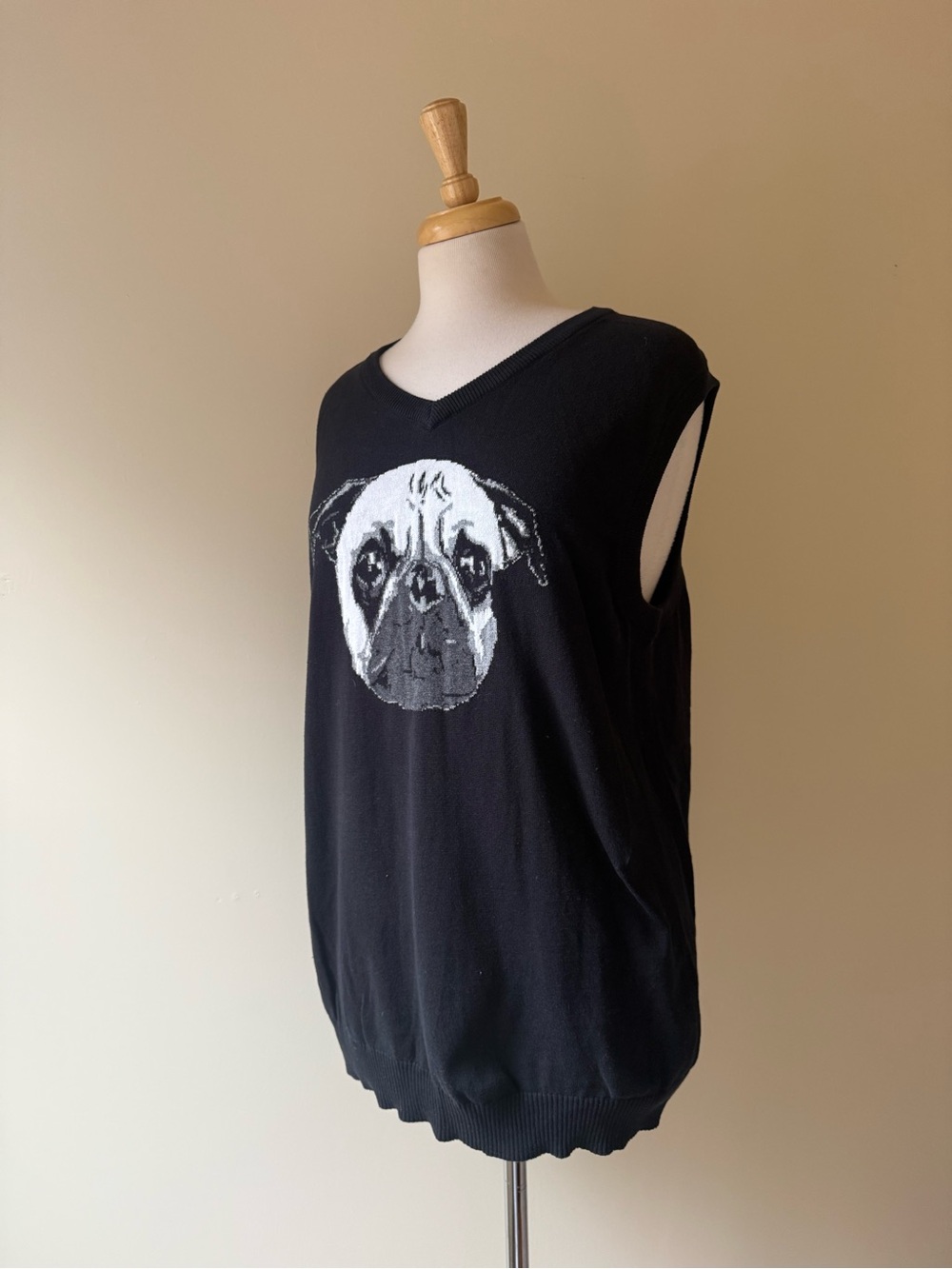 Vintage Le Château Black Pug Graphic Knit Sweater Vest Size L